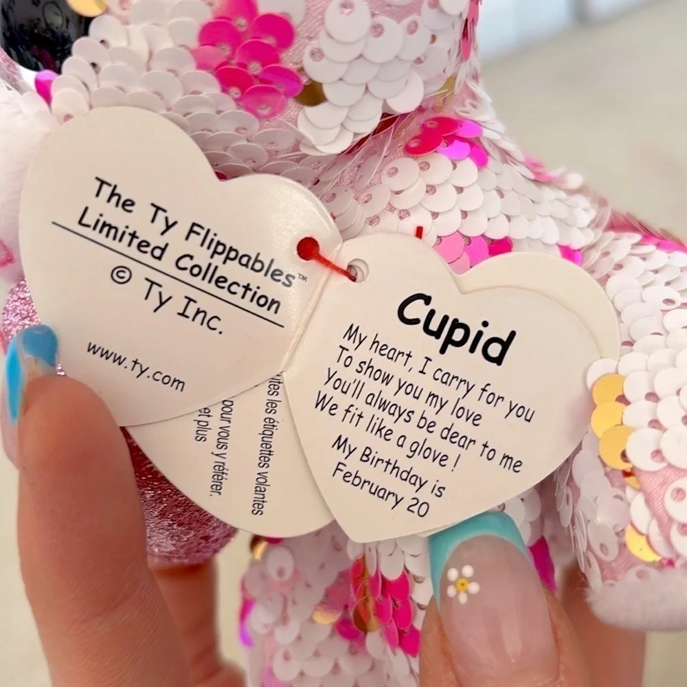 Brand New Ty FIippables Sequins Cupid the Valentine Cat Plush & Pink Boba Diary